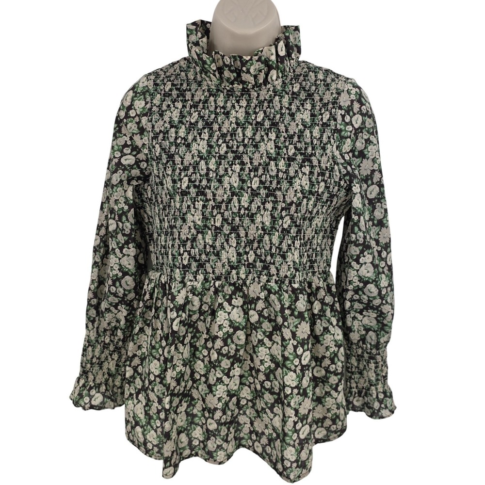 Tuckernuck Top Women M Green‎ Floral Smocked High Neck Ruffle Boho Cottagecore